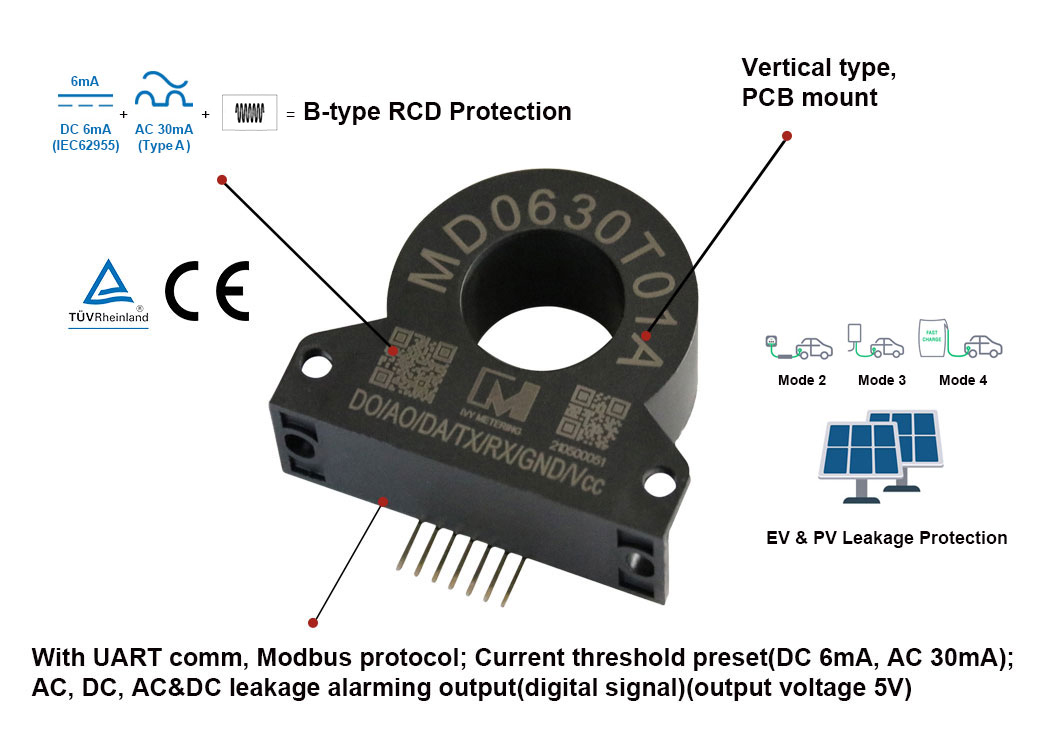 MD0630T01A 30mA AC 6mA DC RCD Residual Current Detection Leakage Current Sensor with UART Modbus