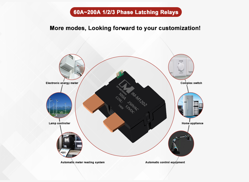 IM-M1202 IEC 100A 250VAC Coil 12VDC Magnetic Immunity 500mT 1Phase Small Size Motor Latching Relay